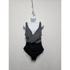 MEET.CURVE Black & White Striped Shirred One Piece Swimsuit Size XL